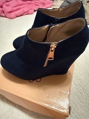 Women’s Navy Wedge Booties with Gold Zipper size 10